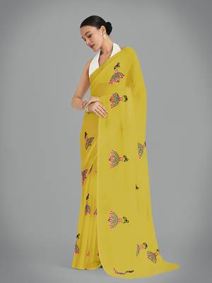 Faux Georgette mustard embroidered saree with unstitched blouse  3