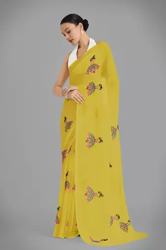 Faux Georgette mustard embroidered saree with unstitched blouse 