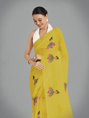 Faux Georgette mustard embroidered saree with unstitched blouse  4