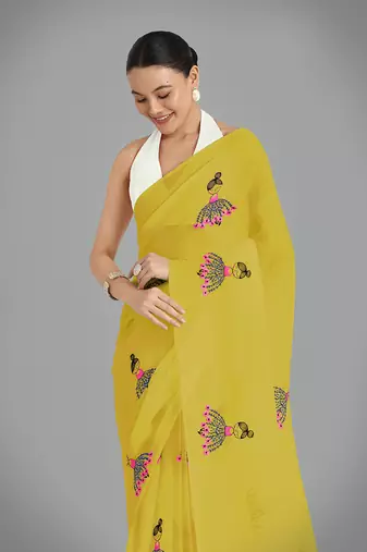 Faux Georgette mustard embroidered saree with unstitched blouse 