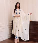 white embroidered stitched rayon pant style kurti suit with duppatta