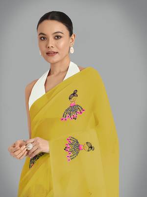 Faux Georgette mustard embroidered saree with unstitched blouse  5