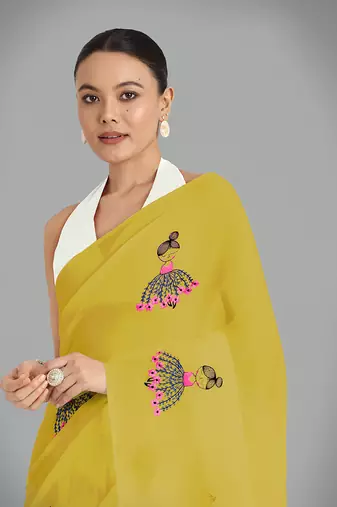 Faux Georgette mustard embroidered saree with unstitched blouse 