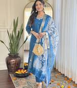 blue embroidered stitched roman silk pant style kurti suit with duppatta