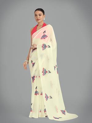 Faux Georgette beige embroidered saree with unstitched blouse  1