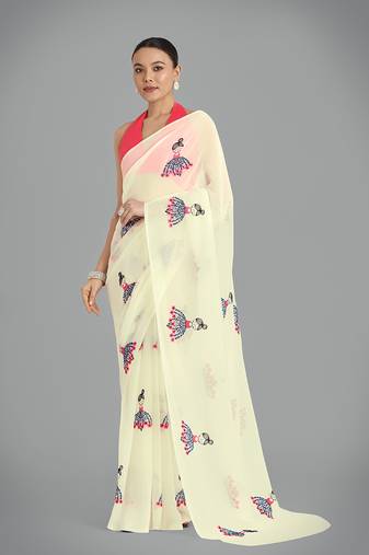 Georgette beige Thread work embroidery saree with unstitched blouse 
