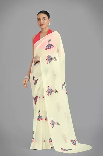 Georgette beige Thread work embroidery saree with unstitched blouse 