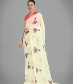 Georgette beige Thread work embroidery saree with unstitched blouse 
