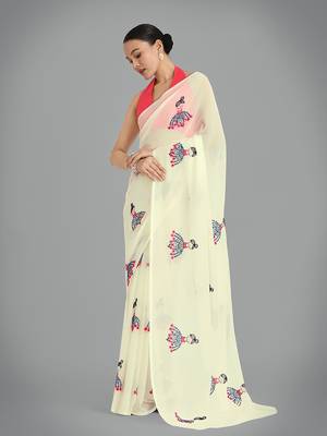 Faux Georgette beige embroidered saree with unstitched blouse  2