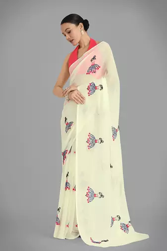 Faux Georgette beige embroidered saree with unstitched blouse 
