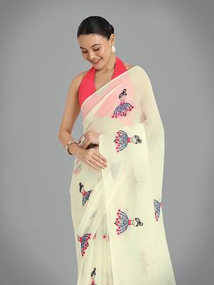 Faux Georgette beige embroidered saree with unstitched blouse  3