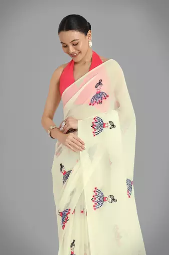 Faux Georgette beige embroidered saree with unstitched blouse 