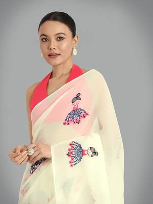 Faux Georgette beige embroidered saree with unstitched blouse  4
