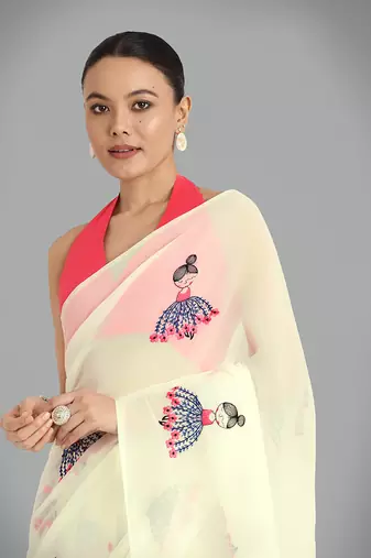 Faux Georgette beige embroidered saree with unstitched blouse 
