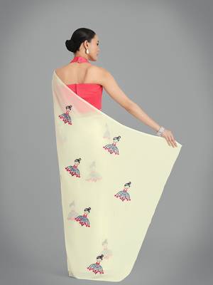 Faux Georgette beige embroidered saree with unstitched blouse  5