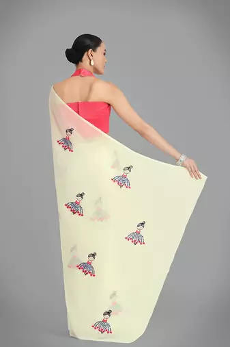 Faux Georgette beige embroidered saree with unstitched blouse 