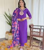 purple embroidered stitched viscose chanderi pant style kurti suit with duppatta