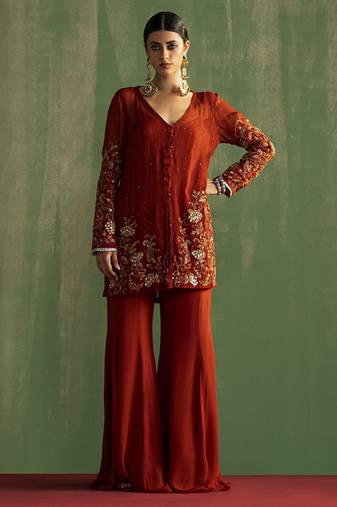 Rust georgette embroidered sharara set
