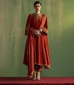 Rust silk plain anarkali set with neckline embroidery