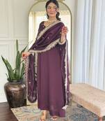 purple embroidered stitched vichitra silk pant style kurti suit with duppatta