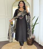black embroidered stitched roman silk pant style kurti suit with duppatta