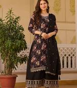 black embroidered stitched chinon pant style kurti suit with duppatta