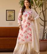 white embroidered stitched chinon palazzo style kurti suit with duppatta