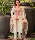 white embroidered stitched viscose chanderi pant style kurti suit with duppatta