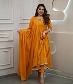 orange embroidered stitched viscose pant style kurti suit with duppatta