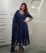 blue embroidered stitched viscose pant style kurti suit with duppatta