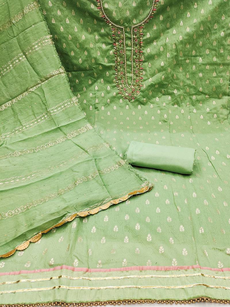 jacquard suit set with embroidered neck & soft cotton dupatta