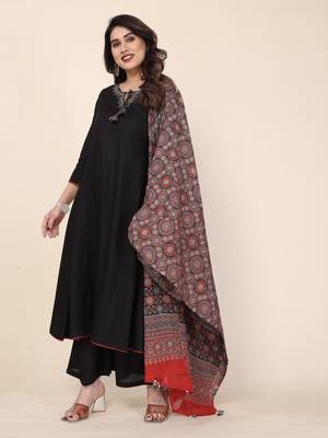 black embroidered stitched viscose palazzo style kurti suit with duppatta 1