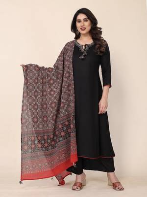black embroidered stitched viscose palazzo style kurti suit with duppatta 4