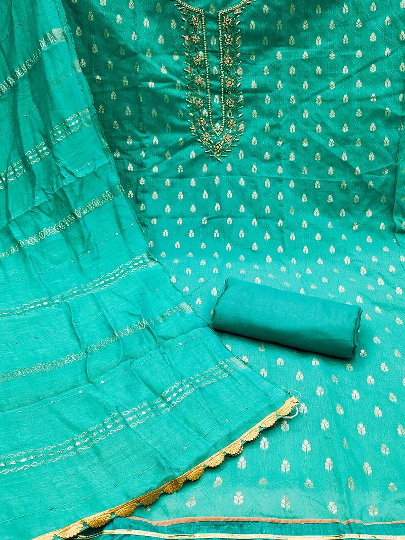 jacquard suit set with embroidered neck & soft cotton dupatta