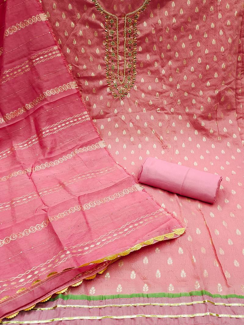jacquard suit set with embroidered neck & soft cotton dupatta