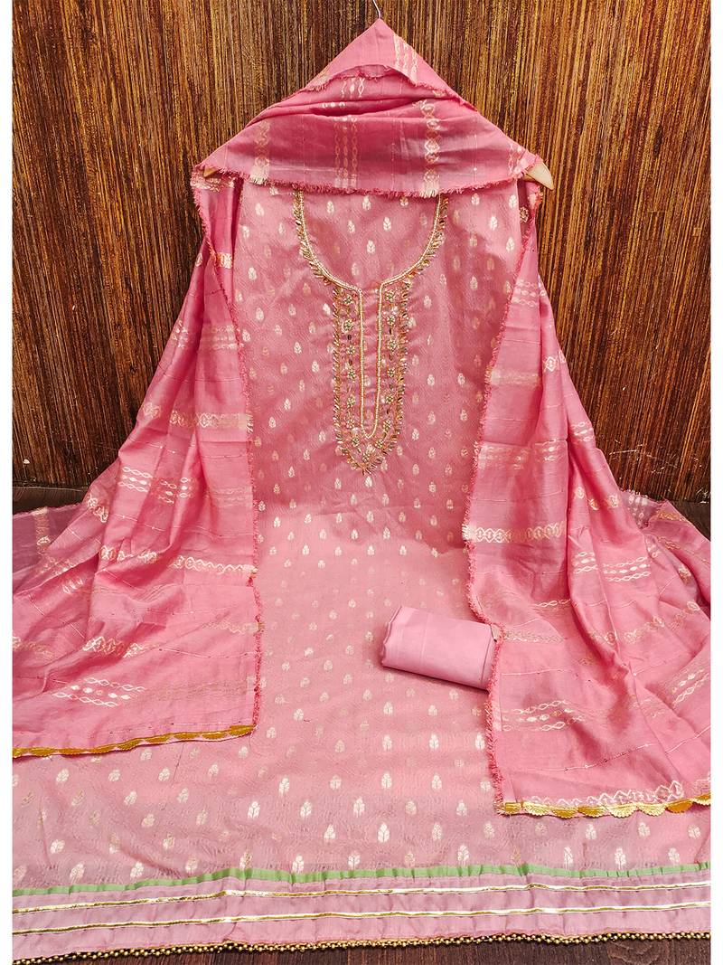 jacquard suit set with embroidered neck & soft cotton dupatta