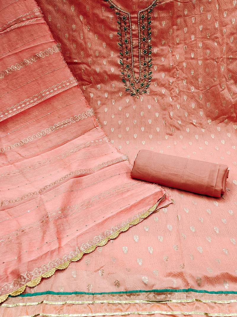 jacquard suit set with embroidered neck & soft cotton dupatta