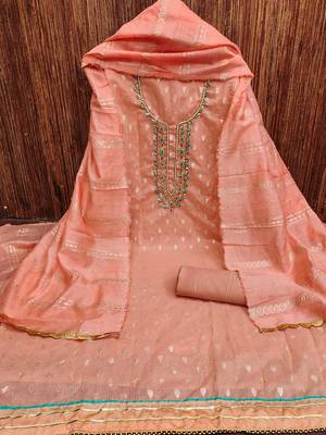 jacquard suit set with embroidered neck & soft cotton dupatta 3