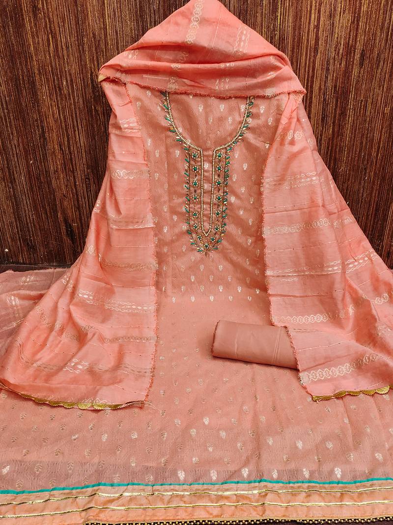 jacquard suit set with embroidered neck & soft cotton dupatta