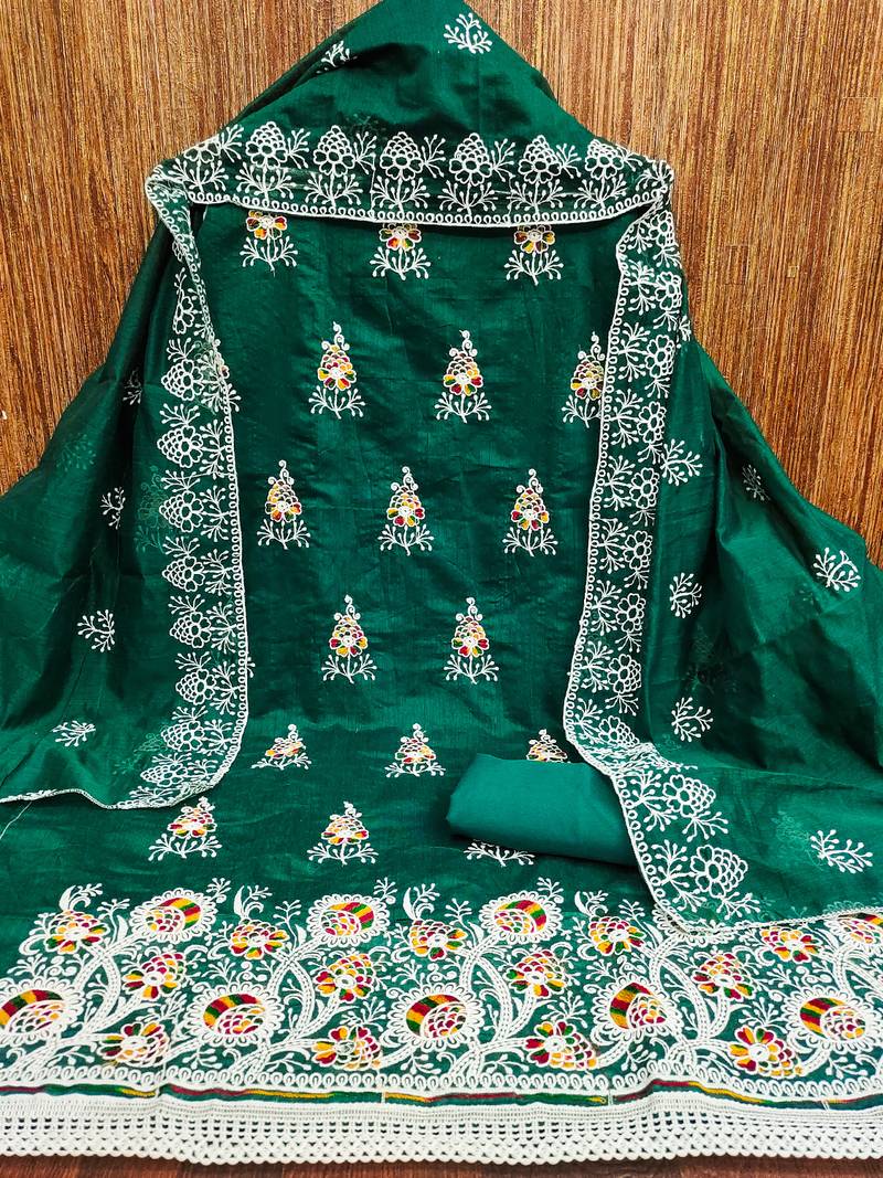 jacquard dress material with multicolor embroidery & soft cotton dupatta