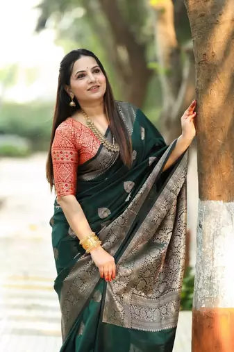 Green silk blend saree with blouse