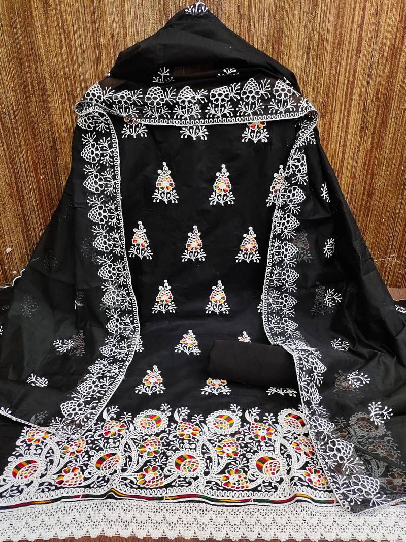 jacquard dress material with multicolor embroidery & soft cotton dupatta