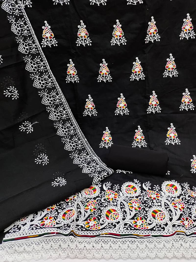 jacquard dress material with multicolor embroidery & soft cotton dupatta