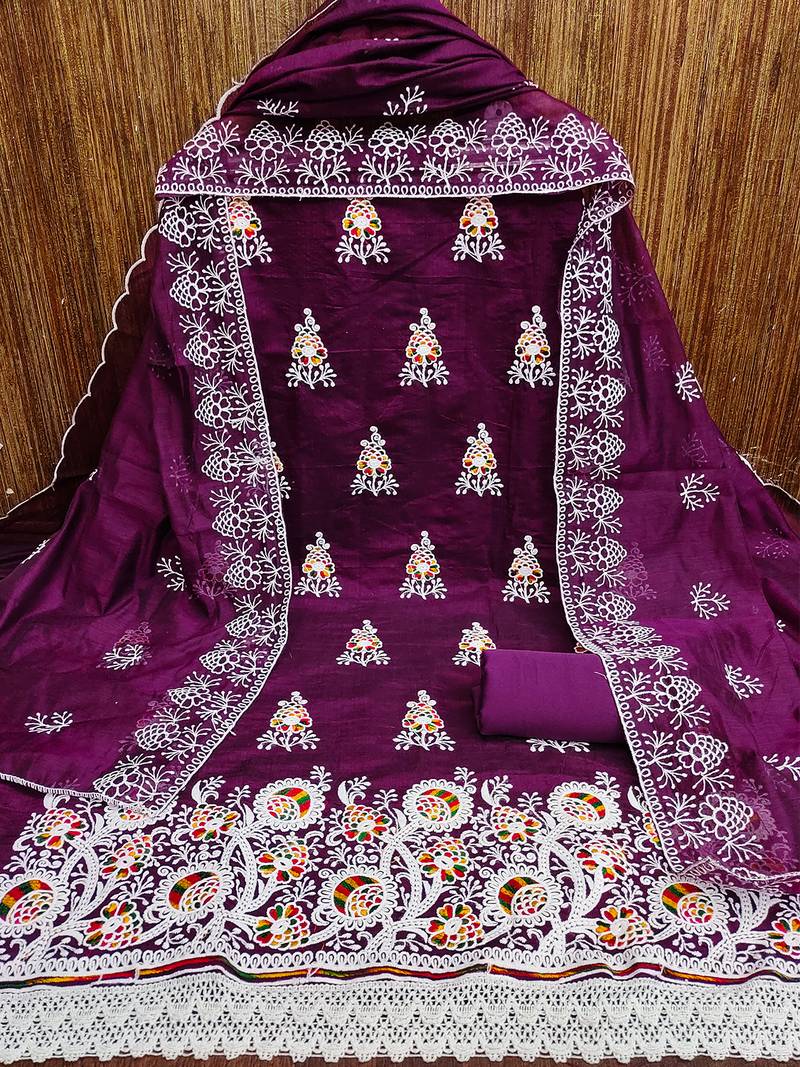 jacquard dress material with multicolor embroidery & soft cotton dupatta