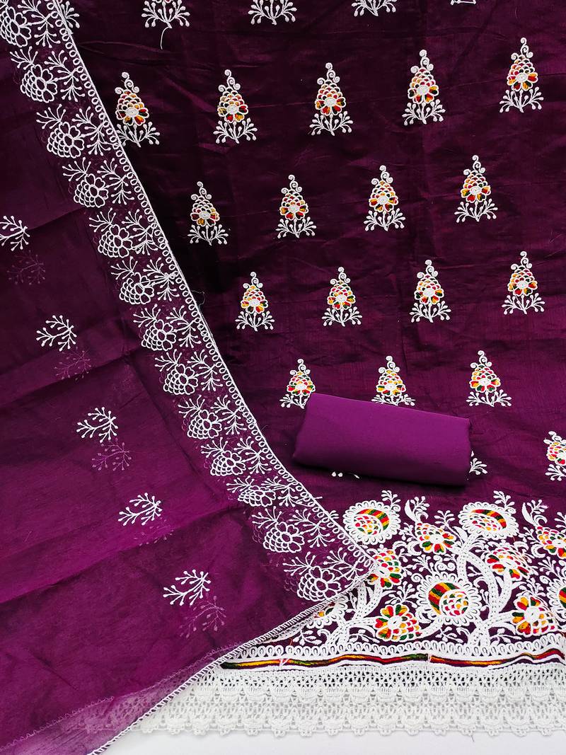 jacquard dress material with multicolor embroidery & soft cotton dupatta