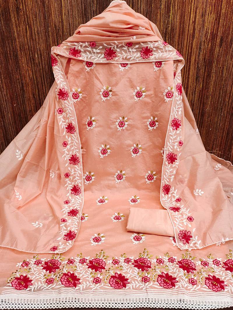 Peach Charming chanderi cotton dress material with floral embroidery & lace detailing
