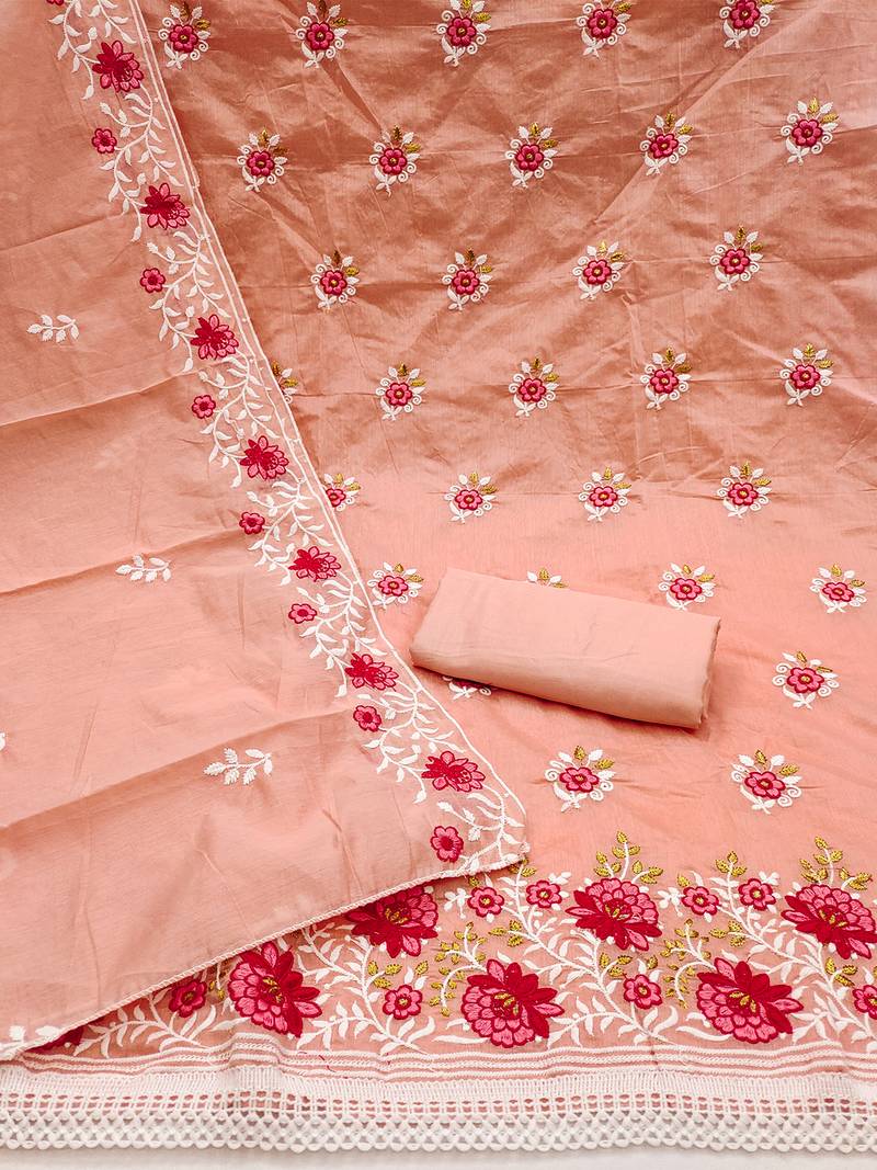 Peach Charming chanderi cotton dress material with floral embroidery & lace detailing