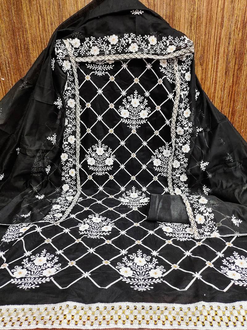 Black chanderi cotton dress material with white embroidery & floral lace dupatta