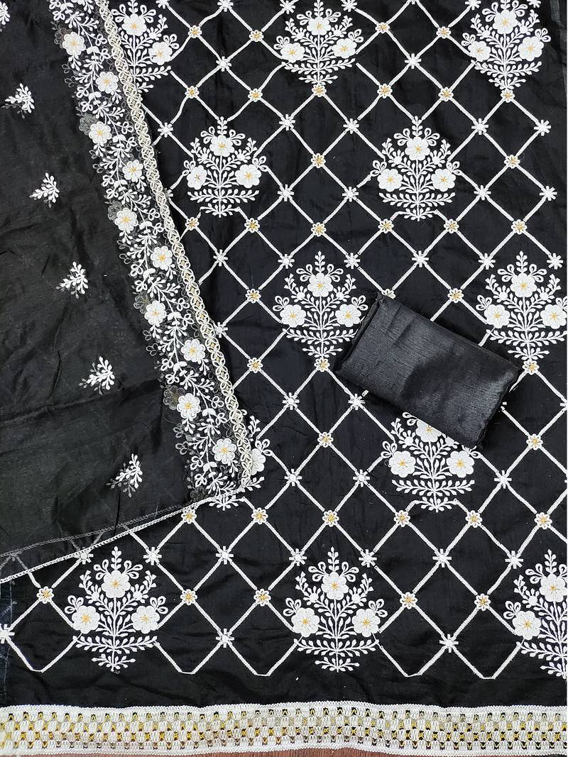 Black chanderi cotton dress material with white embroidery & floral lace dupatta