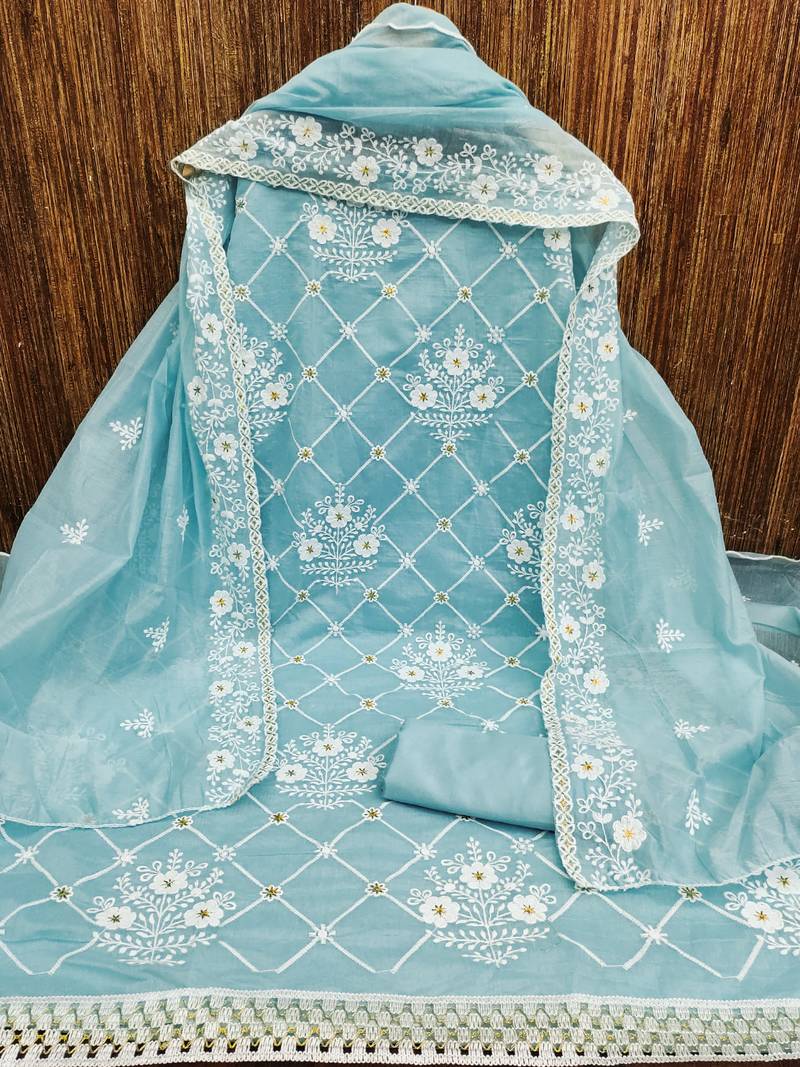 Blue chanderi cotton dress material with white embroidery & floral lace dupatta
